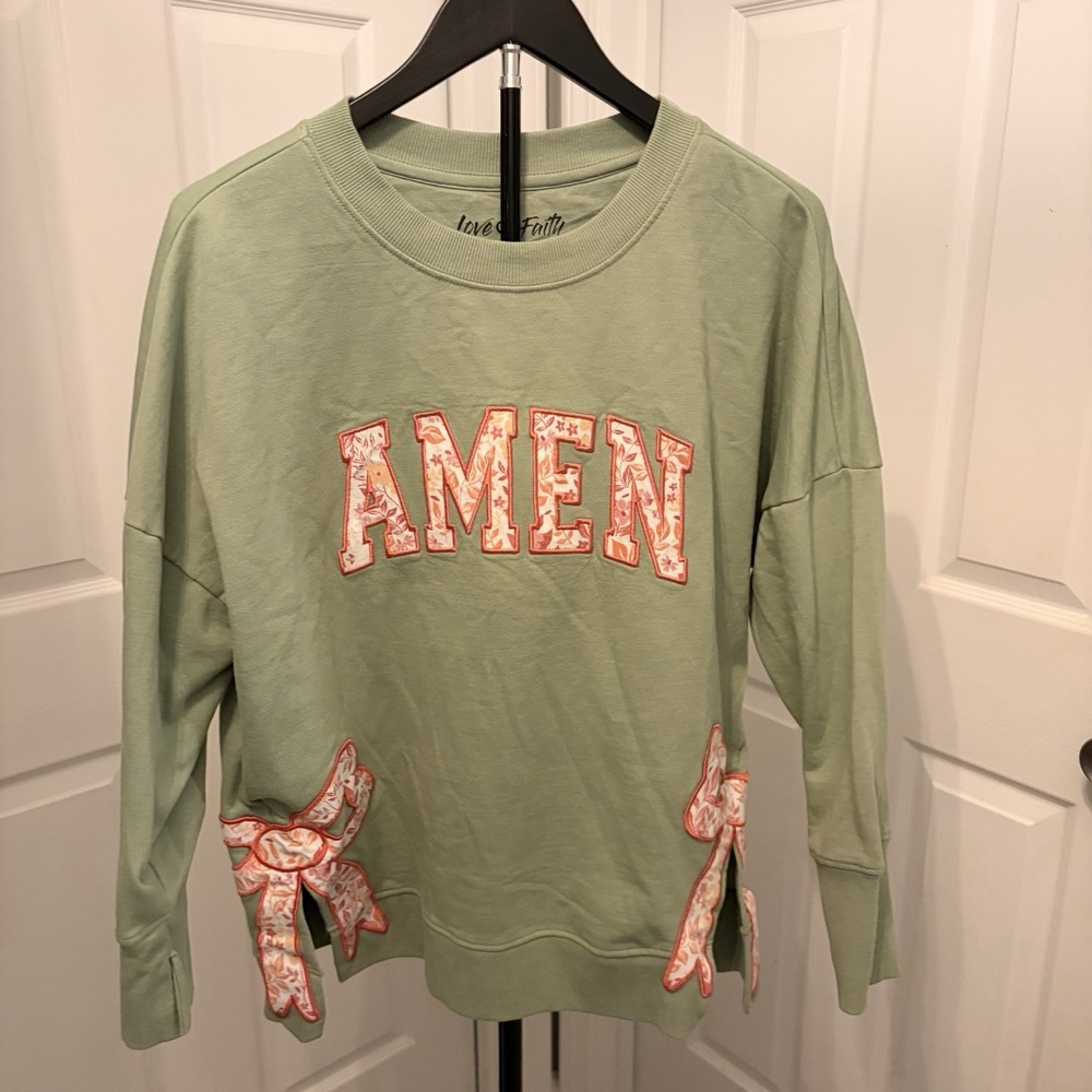 Love in Faith Amen Side Slit Sweatshirt Sage Green Coquette Bow Grandmillennial